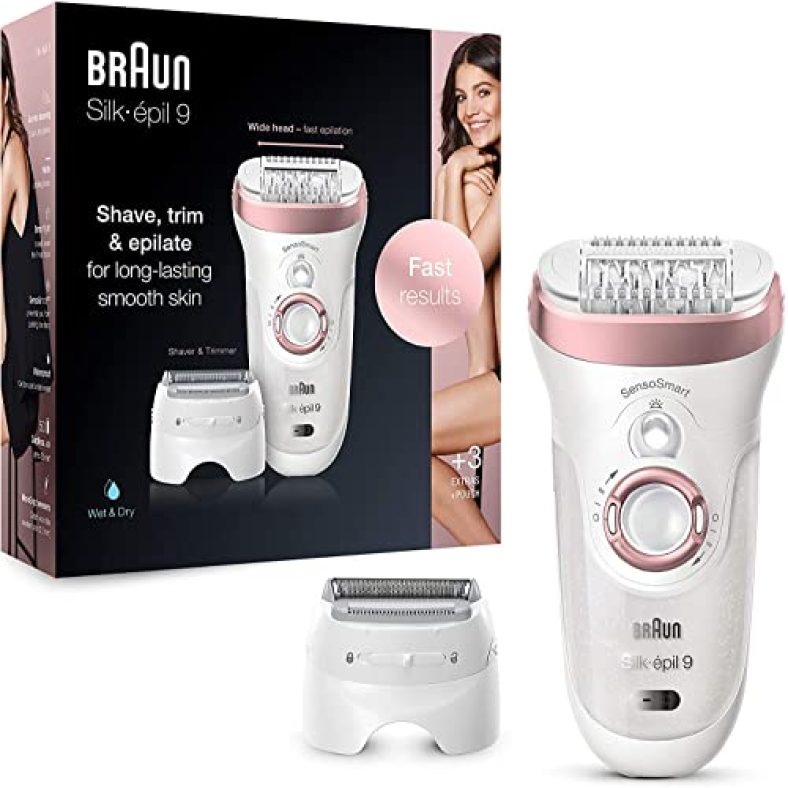 Braun Silk-Epil 9 9-720, Epilator For Women, Shaver & Trimmer Head Included, Cordless Wet & Dry Epilation For Long Lasting Hair Removal With Sensosmart Technology