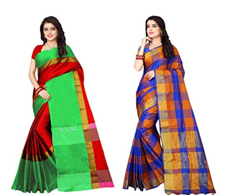 Dhruvi Trendz Banarasi Cotton Blend Ready To Wear Saree (Dt-S1107&S1274_Blue_Free Size)