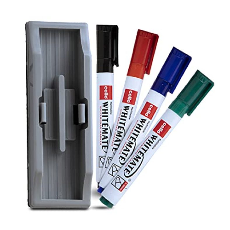 Cello Whitemate Whiteboard Markers & Duster | Set Of 4 Pens & 1 Duster | Whiteboard Markers With Easily Erasable Ink | Refillable Whiteboard Markers | School & Office Stationery Items