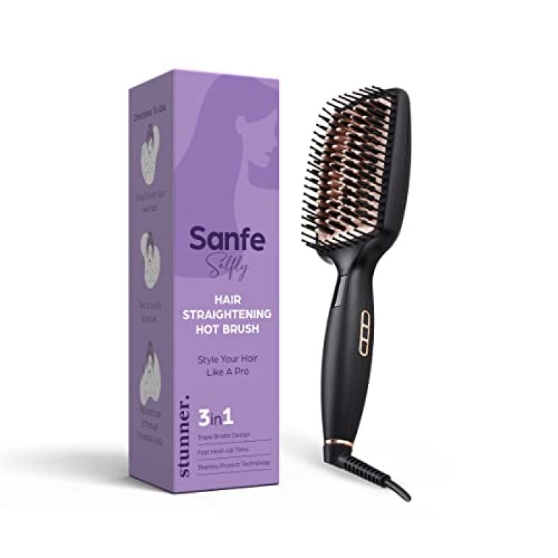 Sanfe Selfly Hair Straightening Hot Brush For Natural Hair With 360 Swirl Cord, Fast Styling & Triple Bristles Sleek Design. Handy | Heat Control System | Silk Procare For Maximum Coverage & Zero Hair Damage Straighten Hair In 5 Mins.
