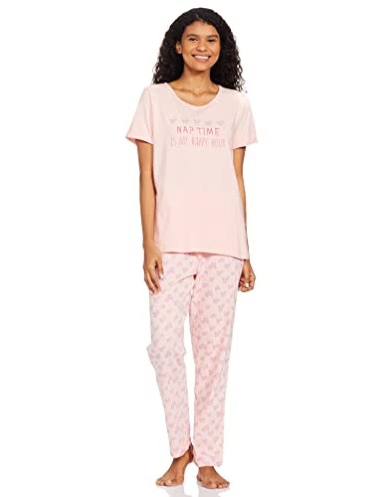 Sugr Women’S By Unlimited Anti Microbial Finish & Machine Wash Pink Graphic Printed Top All-Over-Print Capri Set Regular Night Shirt (Suinwns20036P05 S)