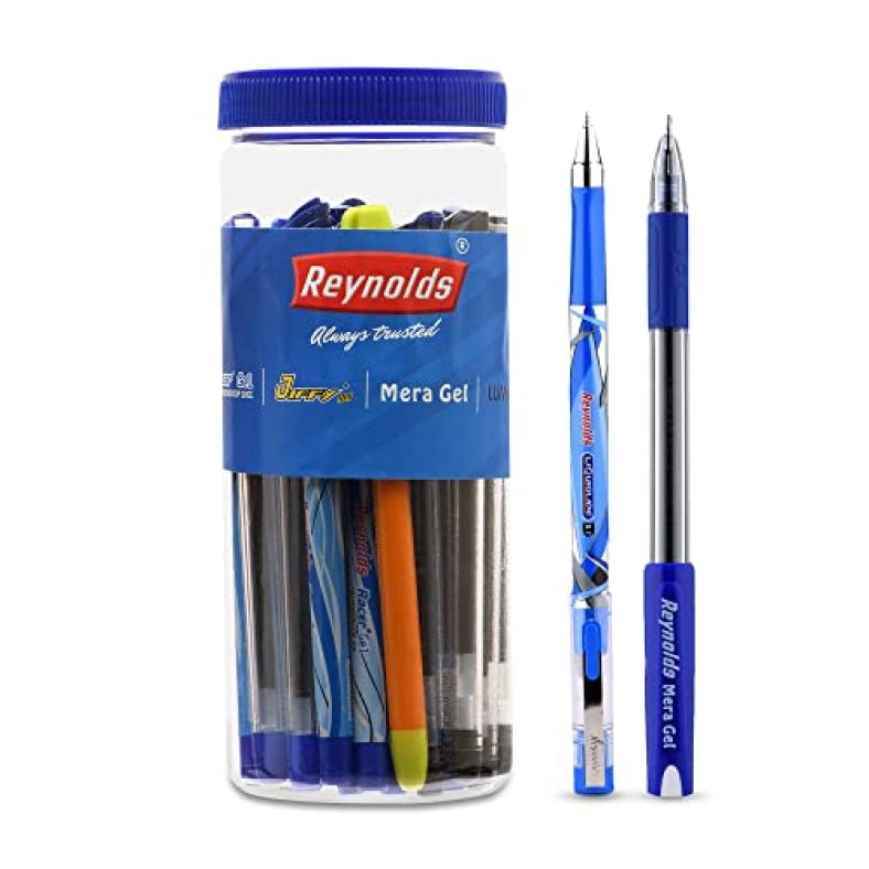 Reynolds Blue Gel Pen Combo 25 Pens Jar (10 Pens Racer/ 7 Pens Jiffy/ 4 Pens Mera / 4 Pens Luminogel)