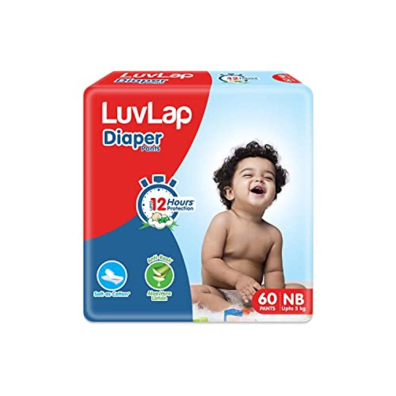 Luvlap Baby Diaper Pants New Born Size (Nb), With Aloe Vera Lotion For Rash Protection, Pack Of 60 Count, With Upto 12Hr Protection For Babies Of Upto 5Kg, Extra Small (Xs)