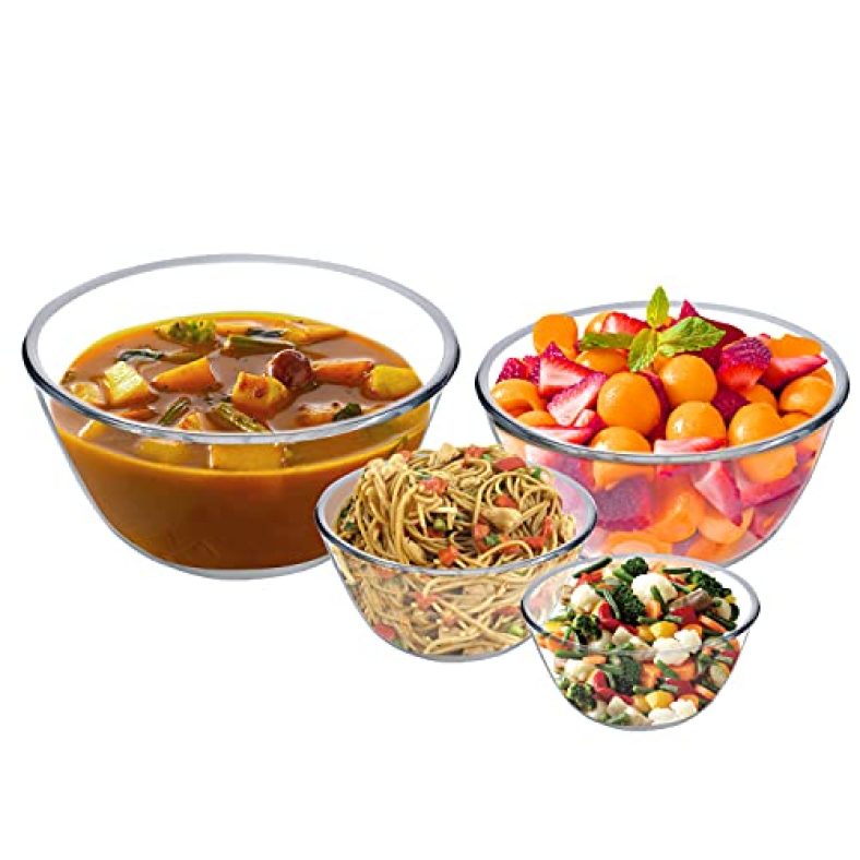 Simparte Borosilicate Mixing/Serving Round Glass Bowl Microwave Safe For Kitchen & Dining, Set Of 4 (1600Ml+1100Ml+800Ml+500), Transparent