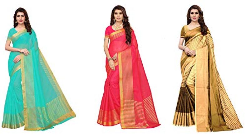 Anni Designer Sarees For Women Multicolored Art Silk Gold Striped Printed Sarees With Blouse Piece (Pack Of 3)(Art-Cmb-513_Free Size)