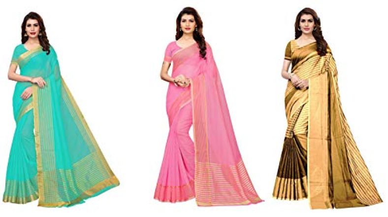 Anni Designer Sarees For Women Multicolored Art Silk Gold Striped Printed Sarees With Blouse Piece (Pack Of 3)(Art-Cmb-518_Free Size)