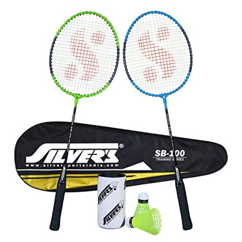 Silver’S Sb-100 Combo-2 (2 B/Badminton Rackets With 1 Full Cover + 2 Pcs Plastic Shuttle) Green-Blue, Steel
