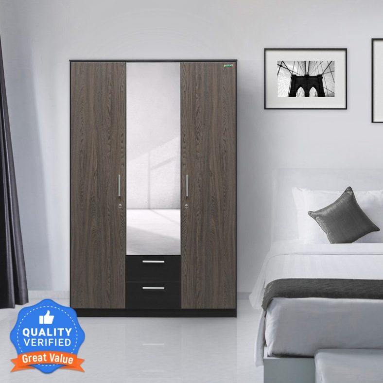 Zuari Niko Engineered Wood 3 Door Wardrobe(Finish Color – Imperial Teak, Mirror Included, Knock Down)