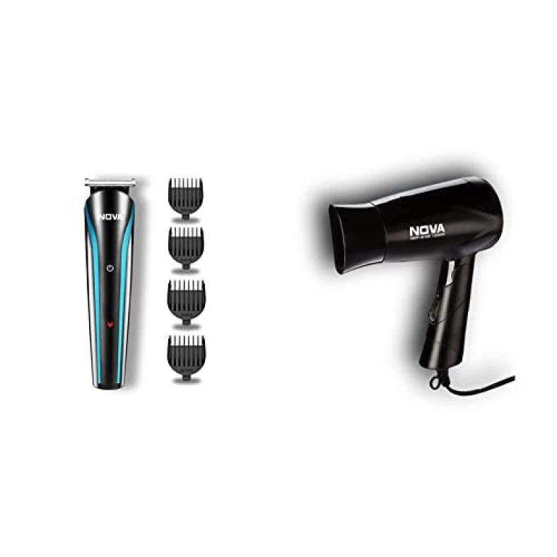 Nova Nht 1073 Usb Rechargeable And Cordless: 60 Minutes Runtime Professional Hair Clipper For Men & Nova Nhp 8100 Silky Shine 1200 W Hot And Cold Foldable Hair Dryer (Black)