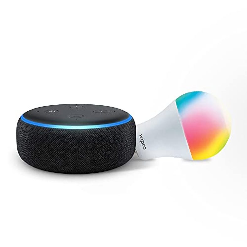 Echo Dot (3Rd Gen, Black) + Wipro 9W Led Smart Color Bulb Combo – Works With Alexa – Smart Home Starter Kit