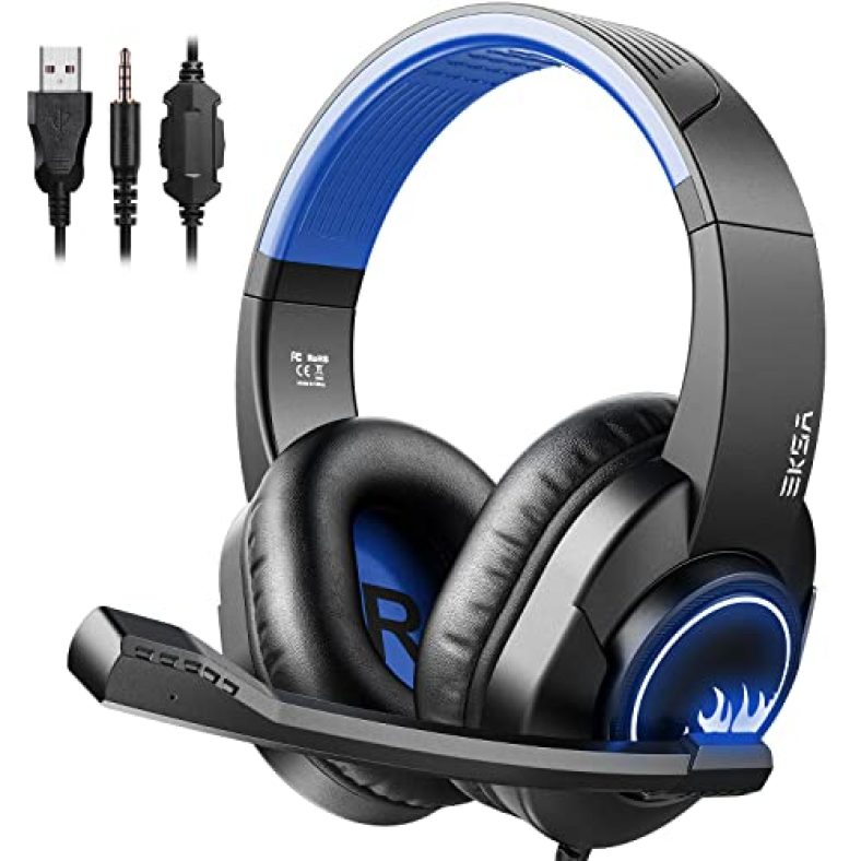 Eksa T8 Ps4 Gaming Wired Over Ear Headphones With Mic With Noise Canceling, Pc With Surround Stereo Sound, Led Light For Ps4, Pc, Laptop (Blue)
