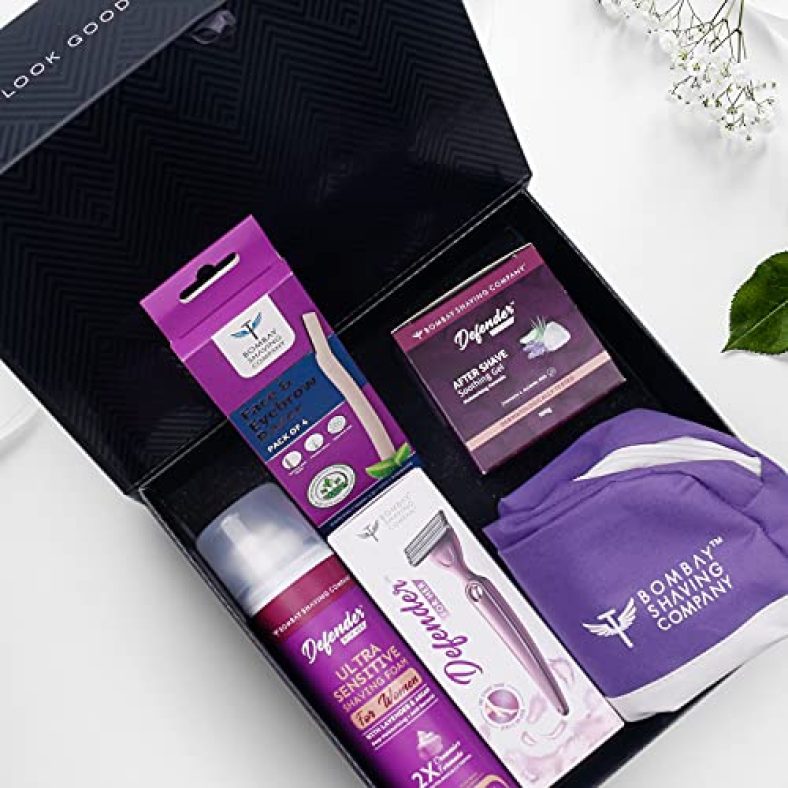 Bombae Grooming Kit For Women | Complete Gift Kit With Defender For Her Razor, Face Razor, Shaving Foam & Face Moisturiser | Karwachauth Grooming Kit For Women