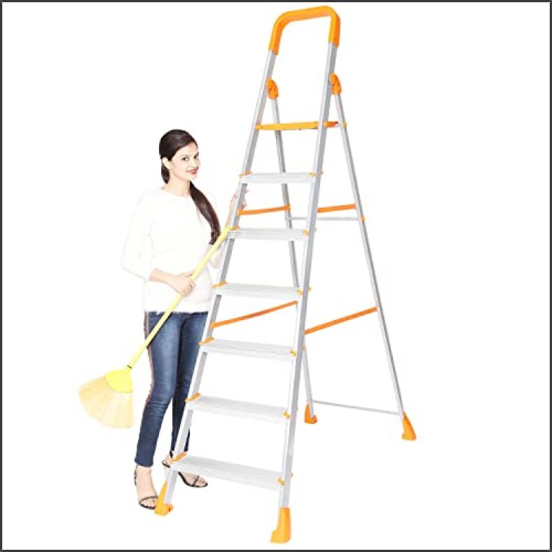 Happer Premium Foldable Plastic, Alloy Steel And Aluminium Aluminium Step Ladder, Clamber Pro, 7 Steps (Orange & Satin)