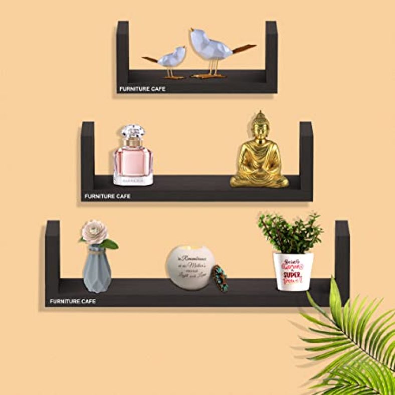 Furniture Cafe U Shaped Engineered Wood Wall Shelf For Living Room Stylish Wooden Floating For Room Wall Home Storage Racks Organizer And Book Shelves Bookcase For Study Room(Set Of 3, Black)