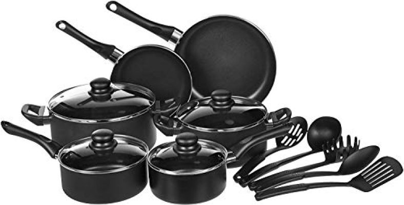 Amazonbasics Aluminium Non-Stick Black Cookware Set – 15 Piece