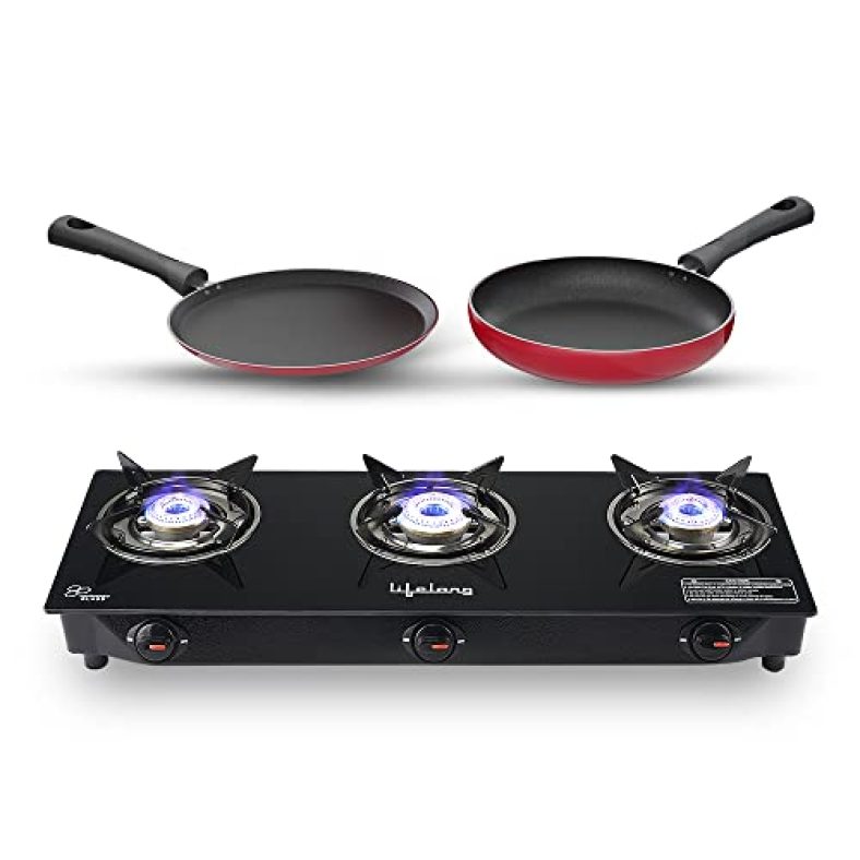 Lifelong Llcmbgs03 Manual Ignition High Efficiency 3 Burner Glass Top Gas Stove For Lpg Use With Dosa Tawa And Fry Pan Combo (Black)