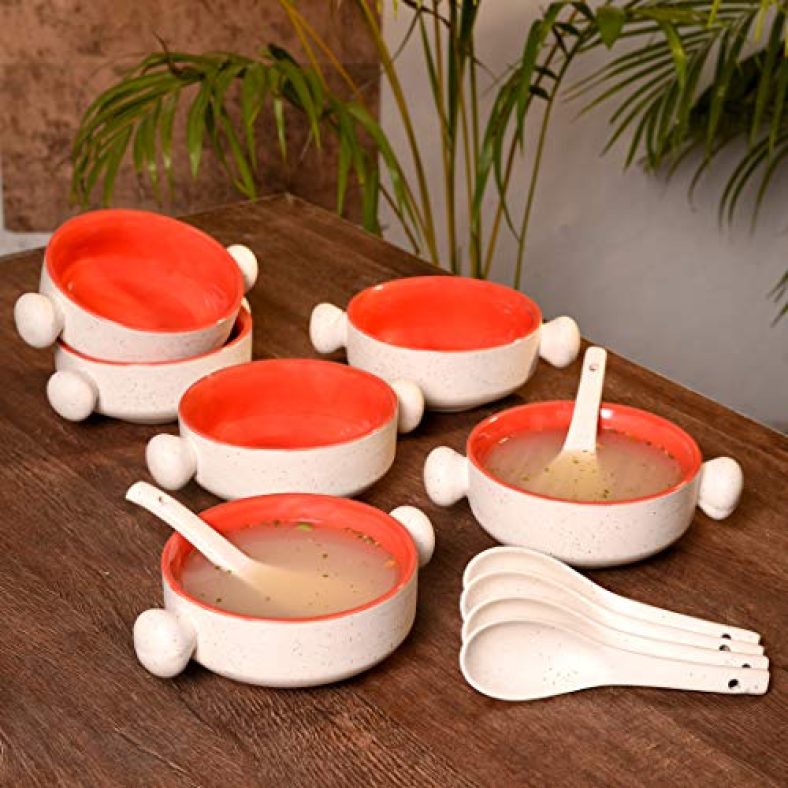 Unravel India Stoneware Matte Finish Jumbo Ceramic Soup Bowl With Round Handles(Set Of 6)