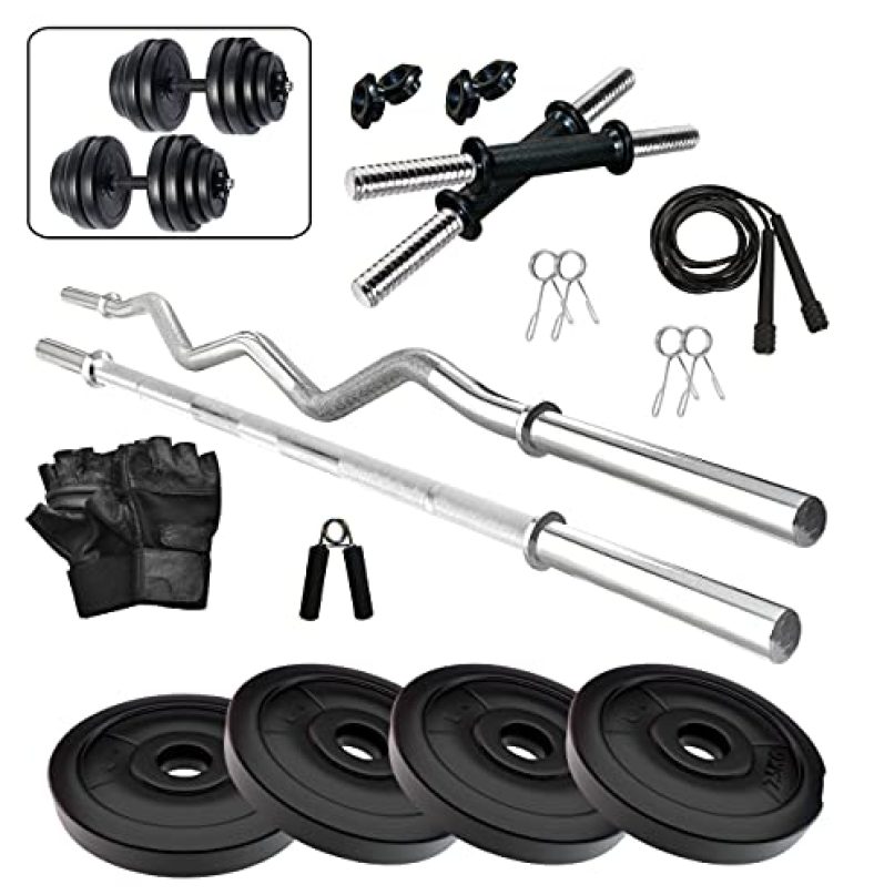 Fitzon Pvc 10Kg Combo 343 Wb Home Gym Set With One 3 Ft Curl + One 3 Ft Plain And One Pair Dumbbell Rods With Gym Accessories