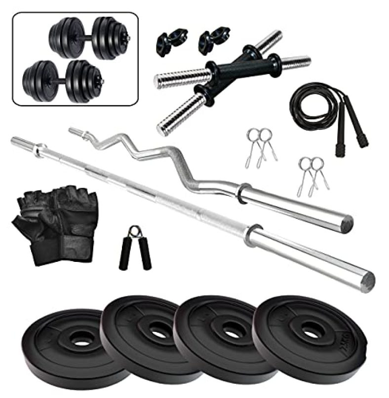 Fitzon Pvc 10Kg Combo 2 Wb Home Gym Set With One 3 Ft Curl + One 5 Ft Plain And One Pair Dumbbell Rods With Gym Accessories