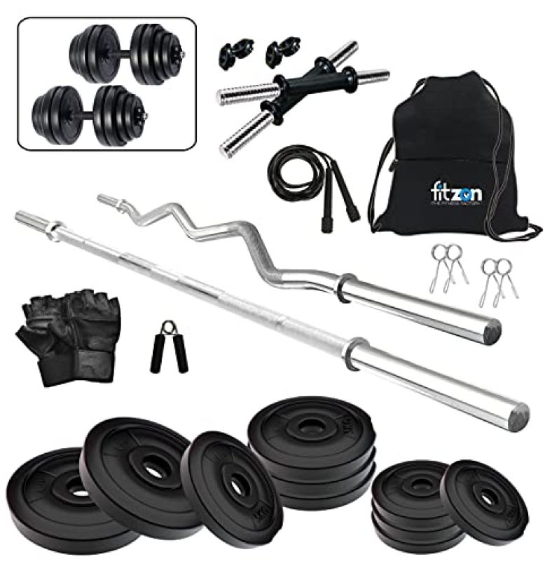 Fitzon Pvc 50Kg Combo 42 Home Gym Set With One 3 Ft Curl + One 4 Ft Plain And One Pair Dumbbell Rods With Gym Accessories
