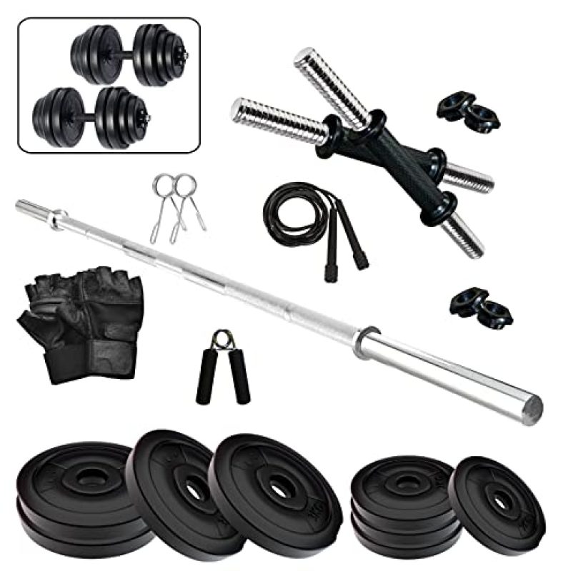 Fitzon Pvc 20Kg Combo 41 Wb Home Gym Set With One 5 Ft Plain And One Pair Dumbbell Rods With Gym Accessories