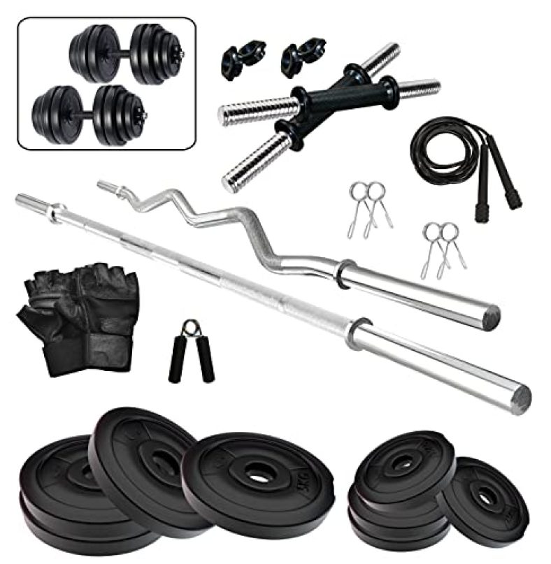 Fitzon Pvc 30Kg Combo 42 Wb Home Gym Set With One 3 Ft Curl + One 4 Ft Plain And One Pair Dumbbell Rods With Gym Accessories