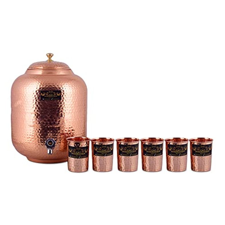 Crockery Wala And Company Jointless Pure Copper Water Dispenser/Matka 4 L And 6 Glass