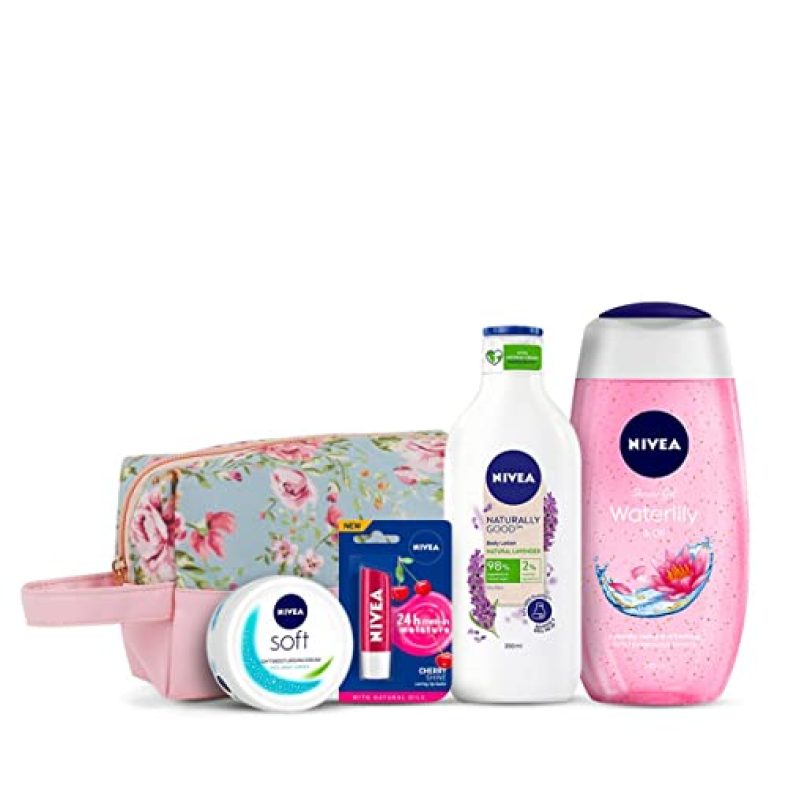 Nivea Naturally Good, Natural Lavender Body Lotion, 200 Ml, Nivea Women Shower Gel, Waterlily & Oil Body Wash, 125 Ml, Nivea Soft Crème 50Ml And Nivea Lip Care Fruity Shine Cherry, 4.8G With Pink Floral Styling Pouch