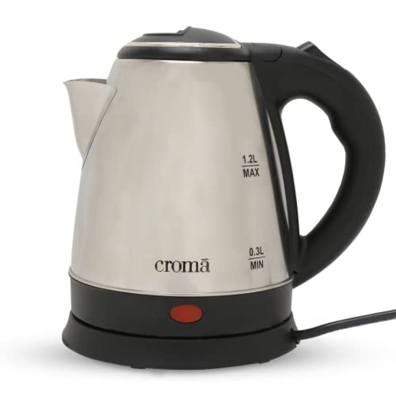 Croma 1.2L Electric Kettle, Stainless Steel Body, Detachable Base (Crak3057, Silver & Black)
