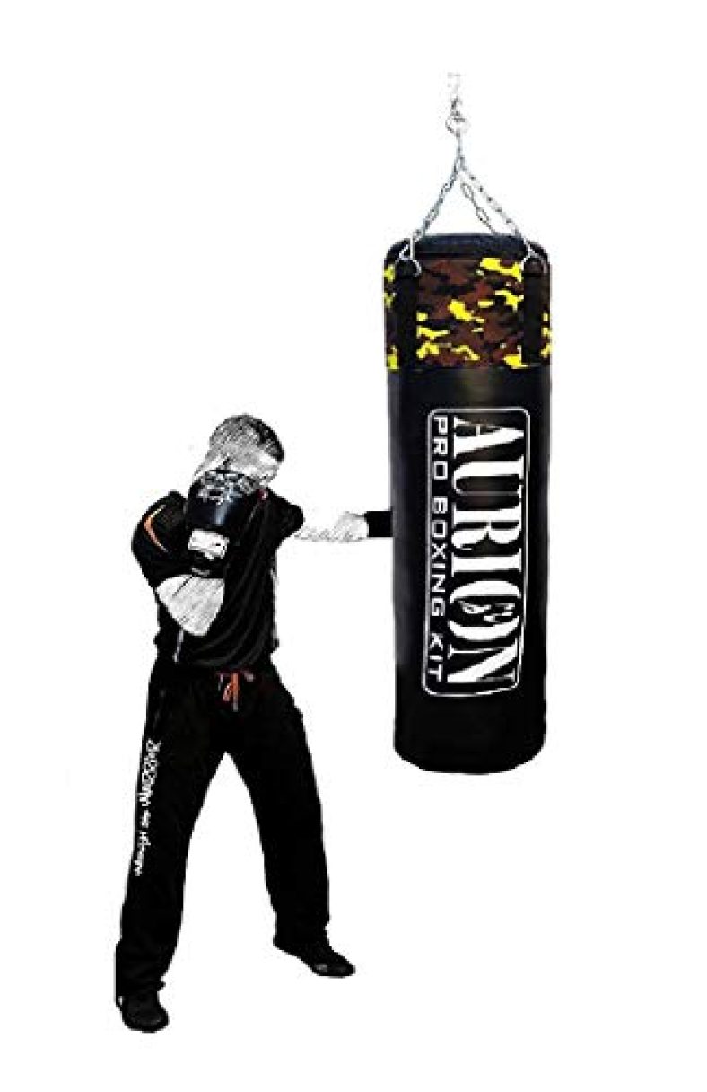 Aurion Unfilled Heavy Punch Bag 2 Ft 3Ft 4Ft 5Ft 6Ft Boxing Mma Sparring Punching Training Kickboxing Muay Thai With Hanging Chain (2 Feet (24Inches) Unfilled, Army-Yellow)