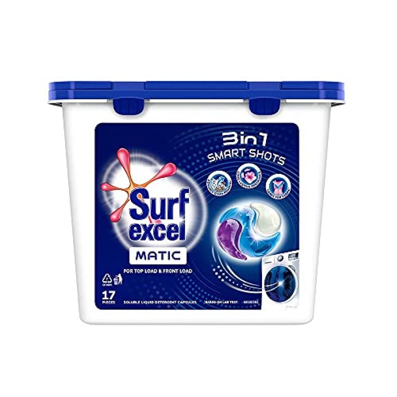 Surf Excel Matic 3 In 1 Smart Shots 17 Pcs, Laundry Detergent Pods For Tough Stain Removal In Front Load & Top Load Washing Machines, Fragrance + Care. 17*26G