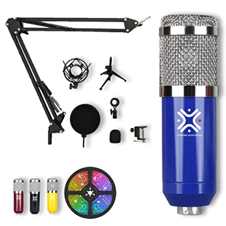 Xtreme Acoustics Usb Professional Condenser Microphone Combo Kit Ck01 With Led Strip Light, Mic Tripod Stand And Pop Filter For Studio Recording, Singing, Youtube, Gaming And Live Streaming For Pc Computer Laptop (Blue)