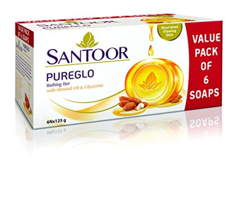 Santoor Pureglo Glycerine Bath Soap With Almond Oil For Moisturized, Nourished And Shining Skin, 125G (Pack Of 6)