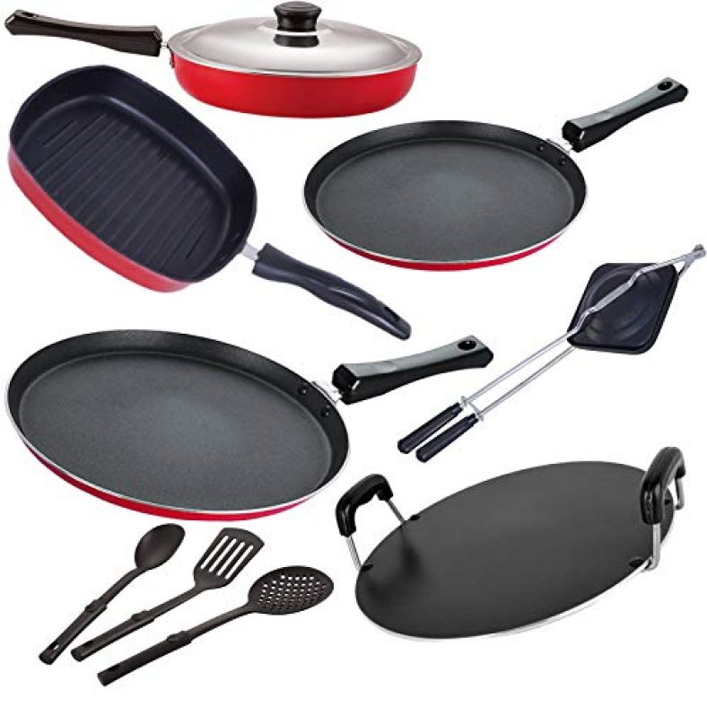 Nirlon Nonstick Aluminium Chemical-Free Combo Items Set For Kitchen Cooking, Red And Black-9 Pieces -2.6Mm_Ft13_Ft10_Gp(24)_Rt_Ht_Fp12_3Spn