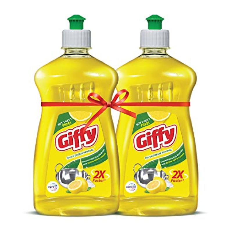 Giffy Lemon & Active Salt Concentrated Dish Wash Gel, 500Ml (Pack Of 2), Yellow