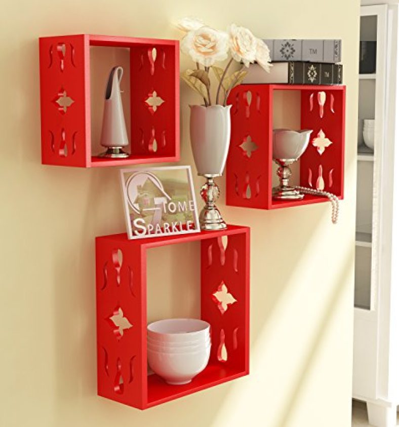 Home Sparkle Mdf Wooden Wall Shelves | 3 Set Decorative Wall Mounted Cube Shelves Rack | Ideal For Decoration In Living Room, Bedroom & Wall Floating Bookshelf (Lacquer Finish, Red)