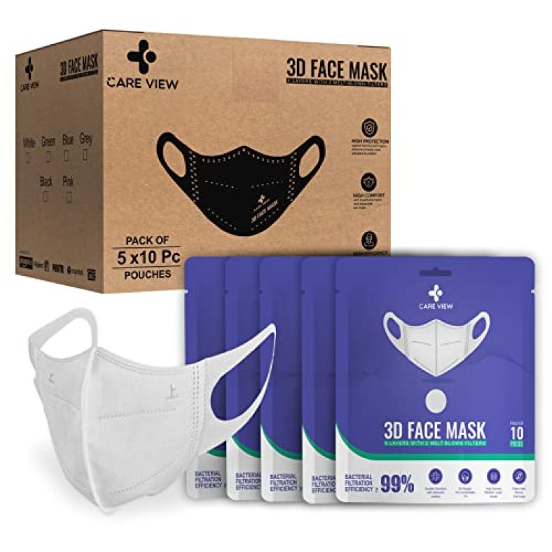 Care View 3 Dimensional Disposable Face Mask Pouch With 4 Layered Filtration, Sitra And Bis(Isi) Certified & Incredibly Soft Spandex Non Woven Fabric Ear Loop (White, Pack Of 50)