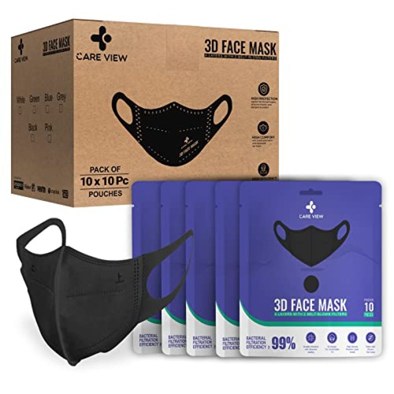 Careview 3 Dimensional Disposable Face Mask Pouch With 4 Layered Filtration, Sitra And Bis(Isi) Certified & Incredibly Soft Spandex Non Woven Fabric Ear Loop (Black, Pack Of 100), Free Size