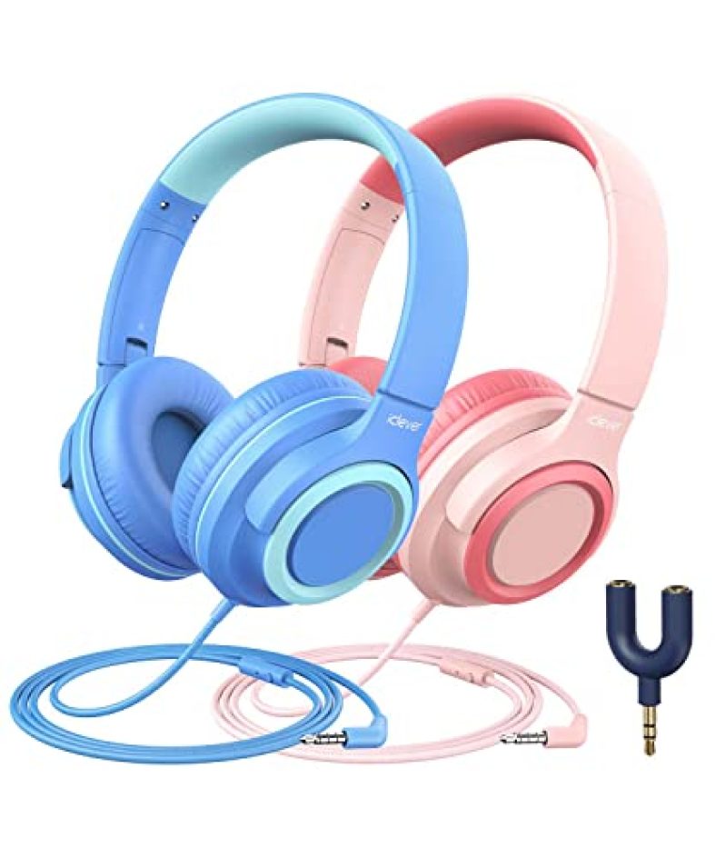 Iclever Kids Headphones With Microphone Wired Girls Headphones For Kids Teens With Sharing Splitter Foldable Stereo Children Headset For Girls 2 Pack Headphone…