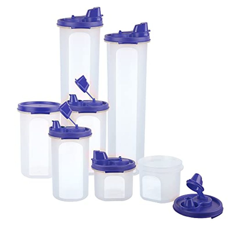 Cutting Edge Smart Oil Dispenser Storage Combo Set Of (2X1.1L + 3X585Ml + 2X250Ml) Air-Tight & Leak Resistant Plastic Round Modular Container – For Vinegar, Sauces, Olive & Refined Oils, Water – Easy Flow, Bpa Free, Refrigerator Safe – (Dark Blue)