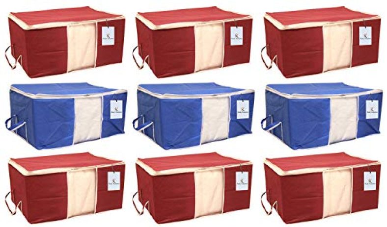 Kuber Industries 9 Piece Non Woven Underbed Storage Organiser Set, Extra Large, Maroon And Royal Blue