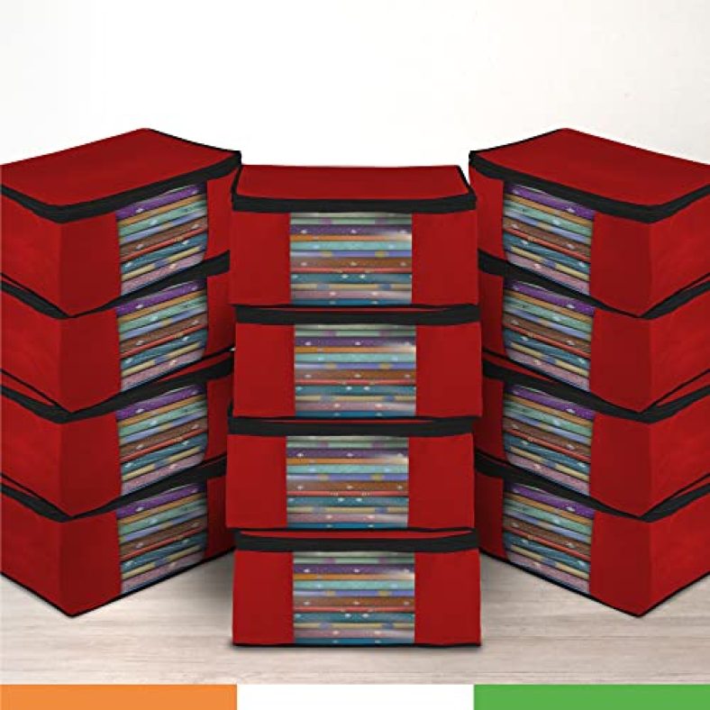 Duraware Saree Stacker/Bag With Duralight Fabric | Dust & Moisture Resistant | Wardrobe/Under Bed Organiser For Clothes | Pack Of 12 (Maroon)