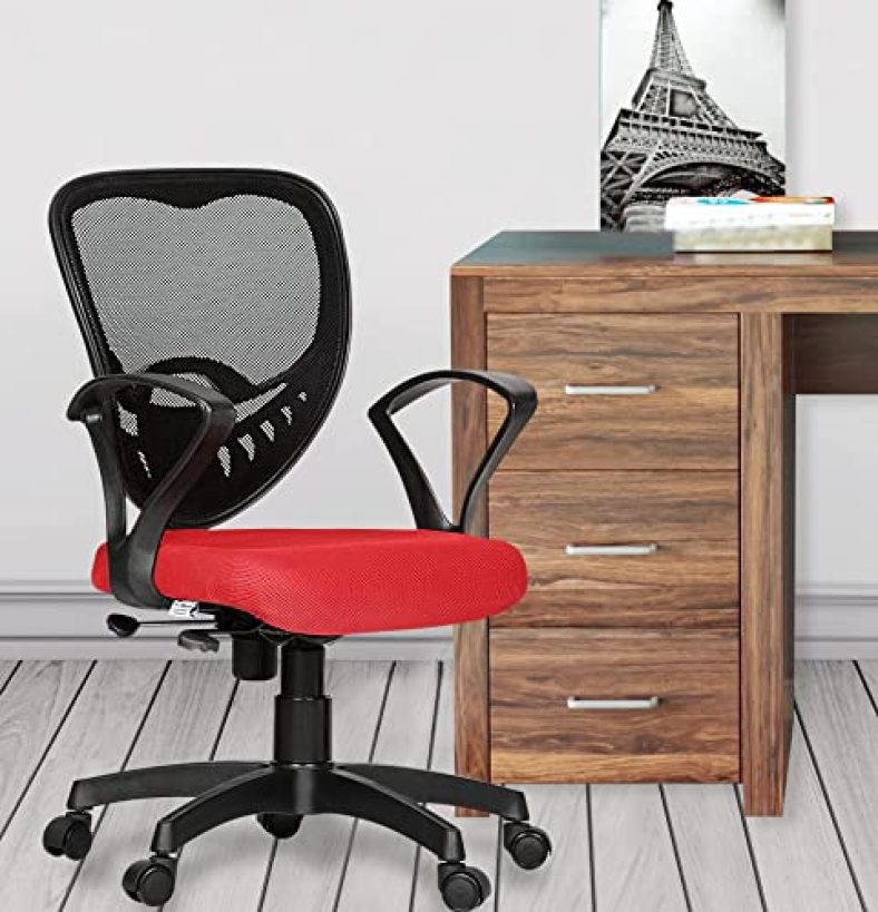 Da Urban® Carex Mid-Back Revolving Mesh Ergonomic Chair For Home & Office With Tilt Lock Mechanism, Armrest & High Comfort Seating (Red)