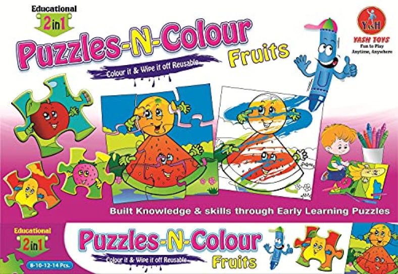 Educational Fruits Puzzle-N-Colour 2 In 1,Reusable Fun Activity For Kids, Colour It And Wipe It Off! (Fruits)