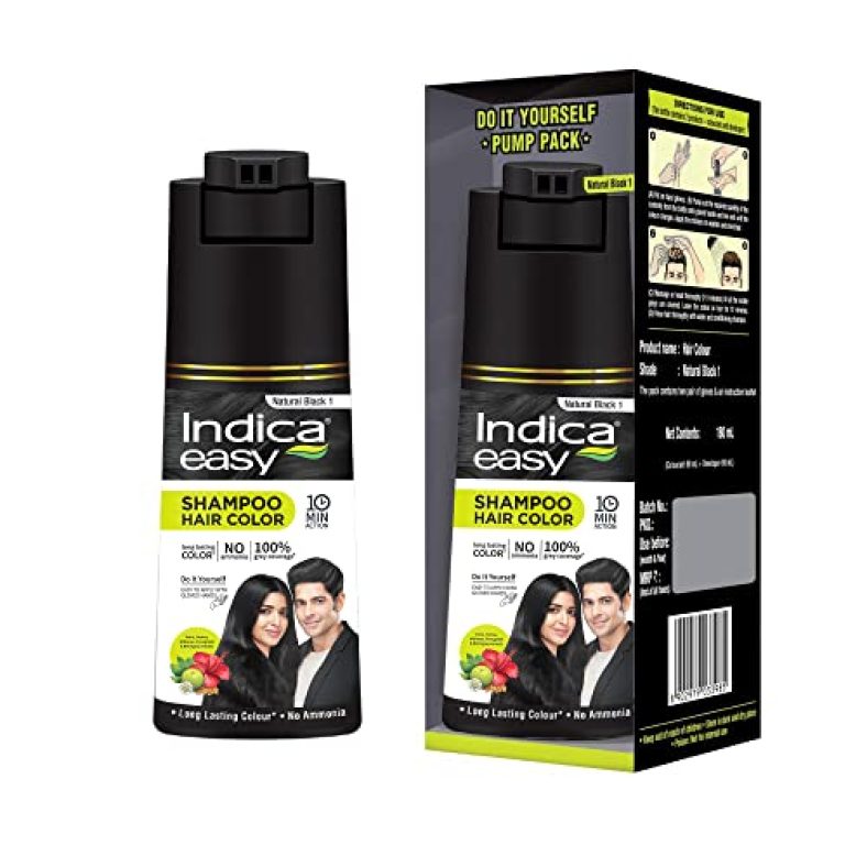 Indica Easy Do-It-Yourself Hair Color Shampoo Pump Pack With 5 Herbal Extracts And 100% Ammonia Free, Long Lasting Formula, 180 Ml – Natural Black Colour (Gloves Included)