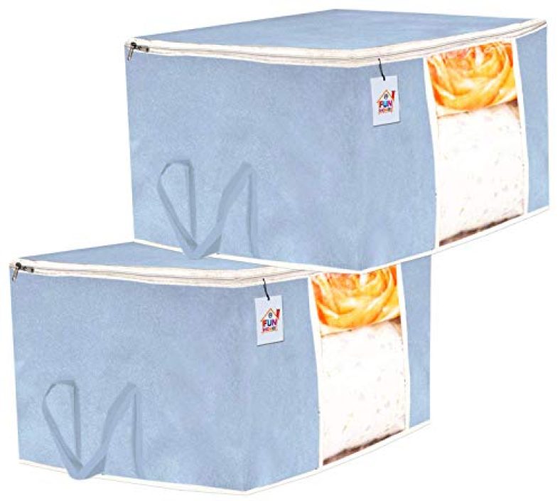 Fun Homes 2 Pieces Non Woven Fabric Under Bed Storage Bag, Cloth Organiser, Blanket Cover With Transparent Window (Grey)