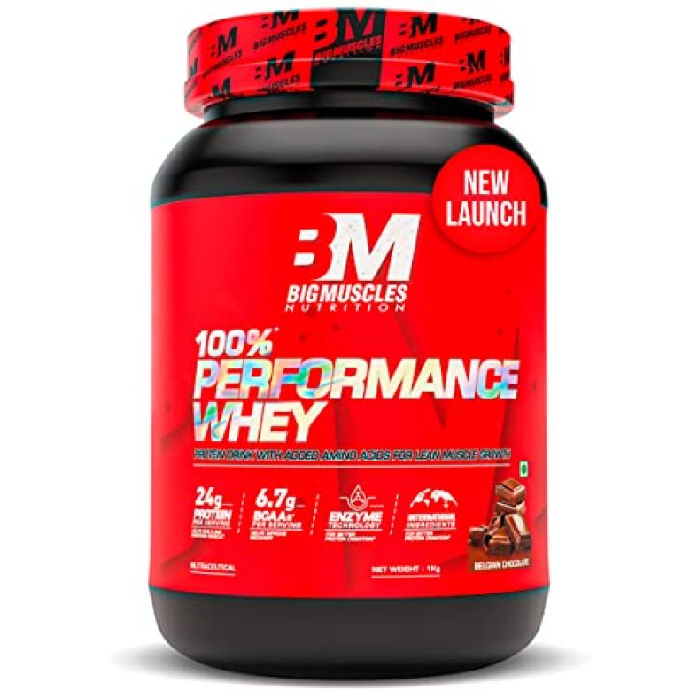 Bigmuscles Nutrition Performance Whey Protein [1Kg, Belgian Chocolate] | 24G Isolate Whey Protein Blend | 6.7G Bcaas, L-Glutamine, L-Arginine, Taurine, L-Leucine | Kosher Certified, Haccp Project Verified, Cgmp Certified, Ffsc 22000 Certified Facility Product