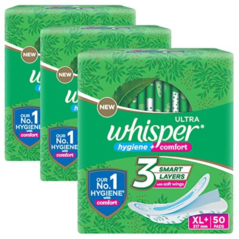 Whisper Ultra Clean Sanitary Pads For Women, Xl+ 50 (Pack Of 3) Napkins