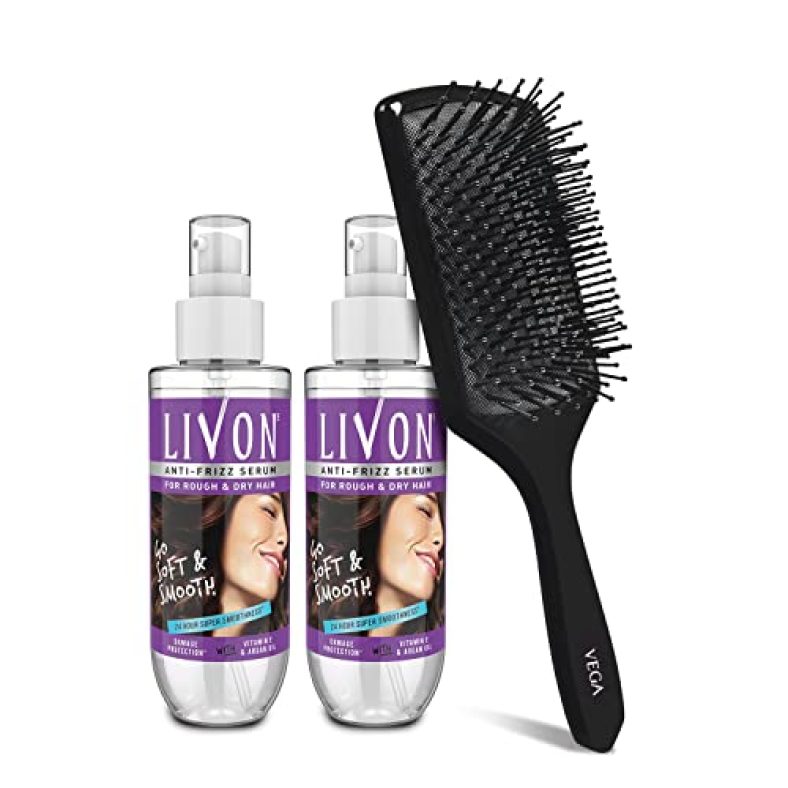 Livon Serum For Dry & Rough Hair For 24 Hour Frizz-Free Smoothness,100 Ml (Pack Of 2) With Vega Hair Brush