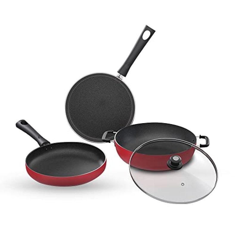 Lifelong Induction Base Non Stick Aluminium Cookware Set Of 3| Nonstick Kadai With Glass Lid, 23Cm| Nonstick Flat Tawa, 24Cm| Nonstick Frying Pan, 22Cm (Burgundy, Llck21)